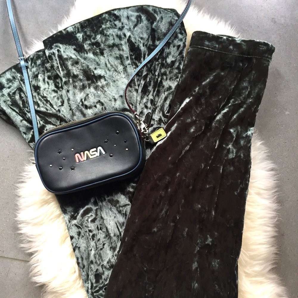 Zara NWOT Teal Gray Crushed Velvet Palazzo Pants